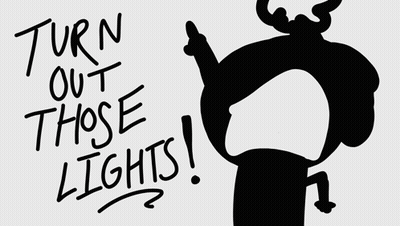 A Sign That Says Turn Out Those Lights With A Cartoon Character GIF