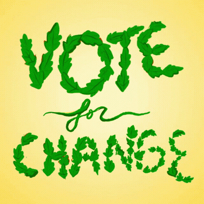 A Sign That Says Vote For Change Made Of Leaves On A Yellow Background GIF
