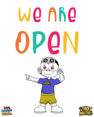 A Sign That Says We Are Open With A Monkey Wearing Sunglasses Sticker
