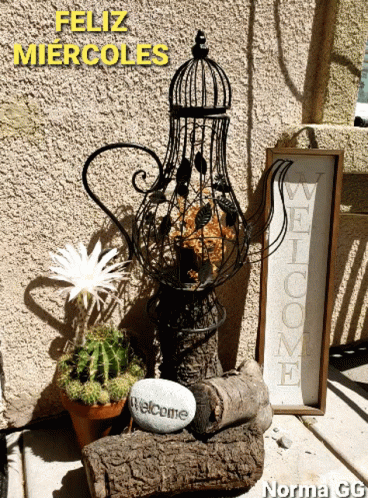 A Sign That Says Welcome Sits Next To A Cactus And A Bird Cage GIF