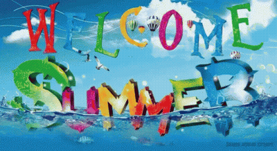 A Sign That Says Welcome Summer With Dolphins In The Water GIF