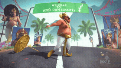 A Sign That Says Welcome To God 'S Own Country Is Above A Man GIF