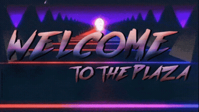 A Sign That Says Welcome To The Plaza With A Sunset In The Background GIF