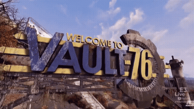 A Sign That Says Welcome To Vault 76 In Yellow And Blue GIF