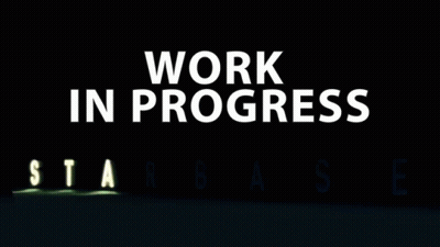 A Sign That Says Work In Progress Starbase In White Letters GIF