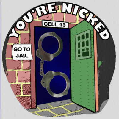 A Sign That Says You 'Re Nicked Cell 13 With Handcuffs On The Door GIF