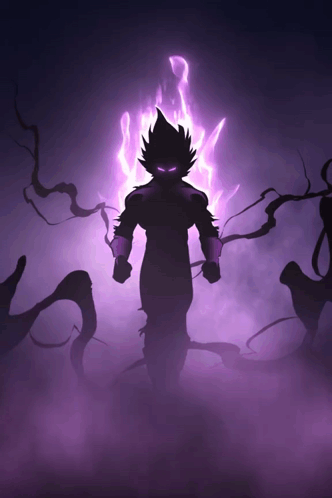 A Silhouette Of A Cartoon Character With Purple Flames Behind Him GIF