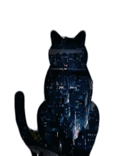 A Silhouette Of A Cat Sitting In Front Of A City Skyline Sticker