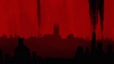 A Silhouette Of A City With A Red Background GIF
