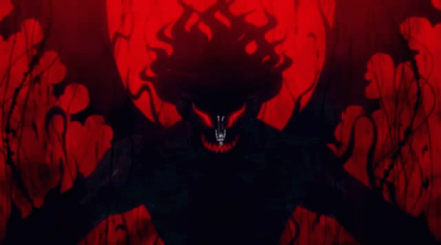 A Silhouette Of A Demon With Red Eyes And A Red Background GIF