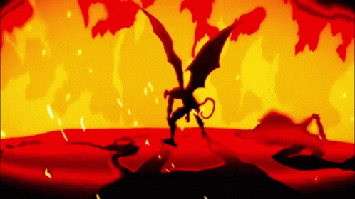 A Silhouette Of A Devil With Wings And Horns Standing In A Field Of Fire GIF