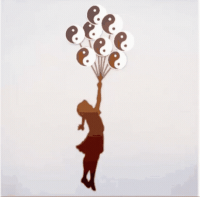 A Silhouette Of A Girl Holding A Bunch Of Balloons With Yin Yang Symbols GIF