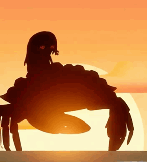 A Silhouette Of A Girl Riding On The Back Of A Crab At Sunset GIF