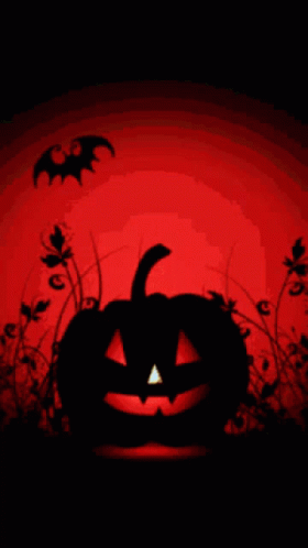 A Silhouette Of A Halloween Pumpkin With Bats Flying Around It GIF