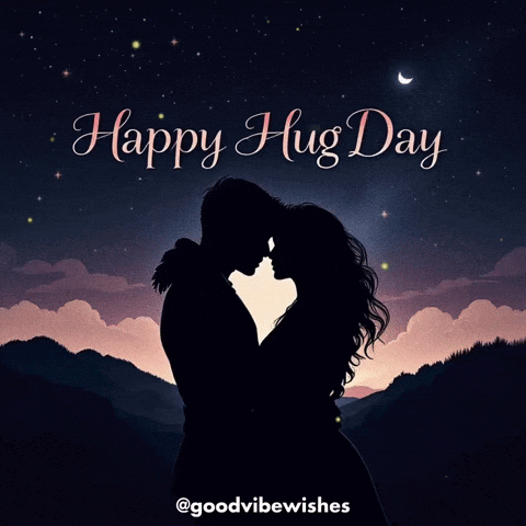 A Silhouette Of A Man And Woman Hugging And The Words Happy Hug Day GIF