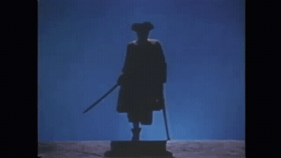 A Silhouette Of A Man Holding A Cane And A Sword Against A Blue Background . GIF