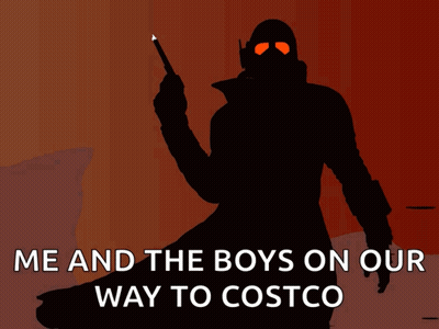A Silhouette Of A Man Holding A Cane With The Words Me And The Boys On Our Way To Costco GIF