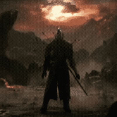 A Silhouette Of A Man Holding A Sword In Front Of Mountains GIF