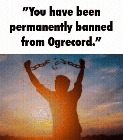A Silhouette Of A Man Holding Up A Chain With The Words " You Have Been Permanently Banned From Ogrecord " GIF