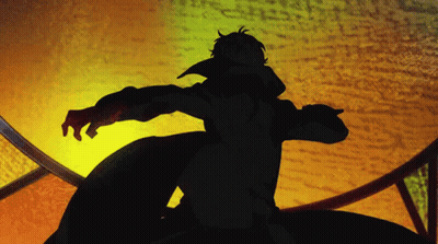 A Silhouette Of A Man In A Black Coat Is Standing In Front Of A Yellow Background GIF