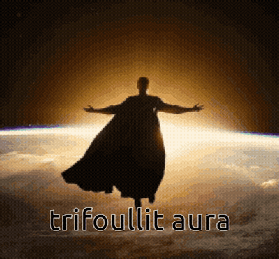 A Silhouette Of A Man In A Cape Flying Over The Earth With The Words Trifoulit Aura Below Him GIF