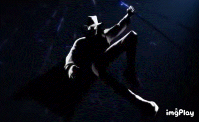 A Silhouette Of A Man In A Top Hat Is Holding A Sword In The Dark . GIF
