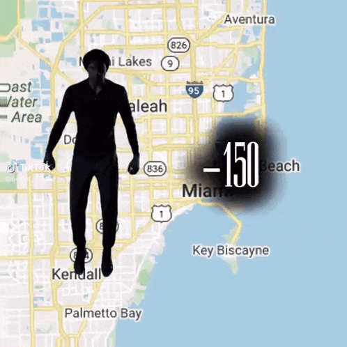A Silhouette Of A Man Is Flying Over A Map Of Miami With Key Biscayne In The Background GIF