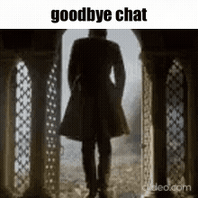 A Silhouette Of A Man Standing In A Doorway With The Words `` Goodbye Chat '' Written On The Bottom . GIF