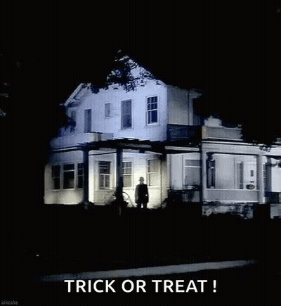 A Silhouette Of A Man Standing In Front Of A House At Night With The Words Trick Or Treat . GIF