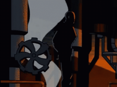 A Silhouette Of A Man Standing Next To A Metal Gear GIF