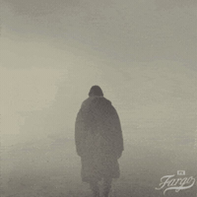 A Silhouette Of A Man Walking In The Fog With The Word Fargo On The Bottom GIF
