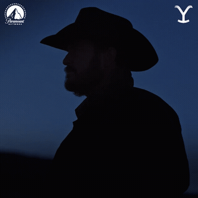 A Silhouette Of A Man Wearing A Cowboy Hat With The Paramount Network Logo In The Background GIF