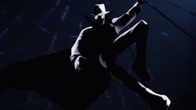 A Silhouette Of A Man Wearing A Hat Is Flying In The Air GIF