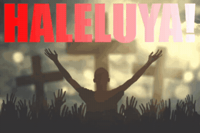 A Silhouette Of A Man With His Arms In The Air With The Words Hallelujah In Red Behind Him GIF