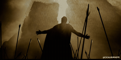 A Silhouette Of A Man With His Arms Outstretched And The Words Excaliburnefr Below GIF