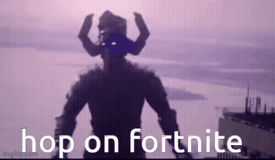 A Silhouette Of A Man With Horns Is Standing In Front Of A Body Of Water With The Words `` Hop On Fortnite '' . GIF