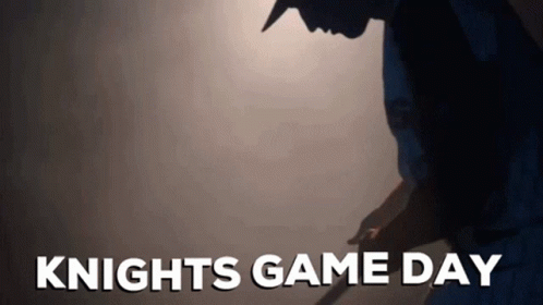 A Silhouette Of A Man With The Words Knights Game Day Written Below Him GIF