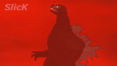 A Silhouette Of A Monster With Glowing Eyes On A Red Background With The Word Slick Above It GIF