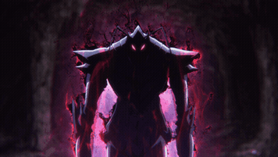 A Silhouette Of A Monster With Red Eyes And A Purple Background GIF