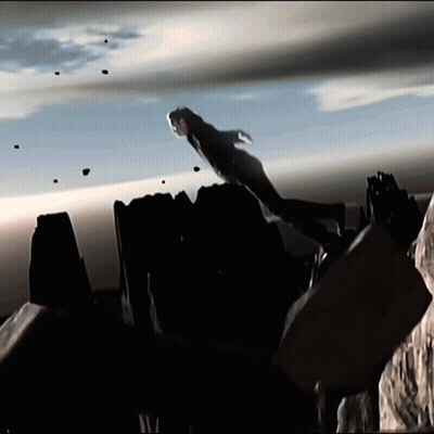 A Silhouette Of A Person Flying Through The Air With Asteroids In The Background GIF