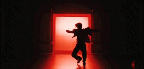 A Silhouette Of A Person In A Dark Room With Red Lights Behind Them GIF