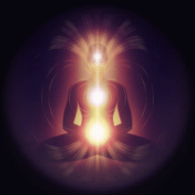 A Silhouette Of A Person In A Lotus Position With A Light Coming Out Of The Center GIF