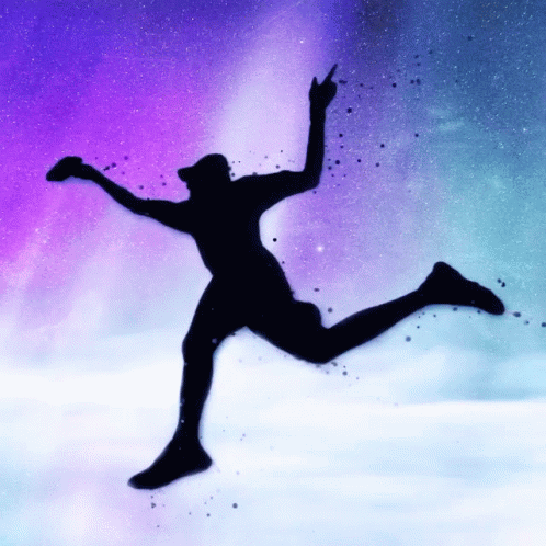 A Silhouette Of A Person Jumping In The Air With A Purple Sky In The Background GIF