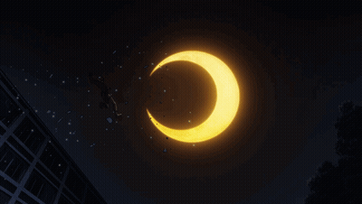 A Silhouette Of A Person Jumping Over A Crescent Moon With A Building In The Background GIF
