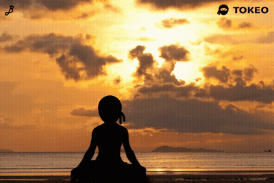 A Silhouette Of A Person Sitting On A Beach With A Tokeo Logo In The Corner GIF