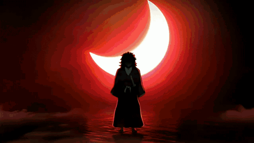 A Silhouette Of A Person Standing In Front Of A Red Crescent Moon GIF