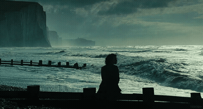 A Silhouette Of A Person Standing On A Fence Looking Out Over The Ocean GIF