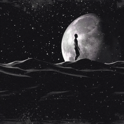 A Silhouette Of A Person Walking In Front Of The Moon GIF