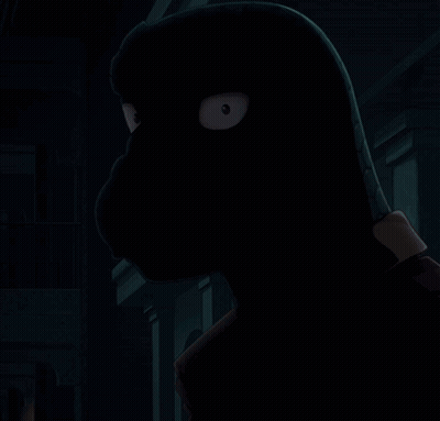 A Silhouette Of A Person Wearing A Black Mask With White Eyes GIF