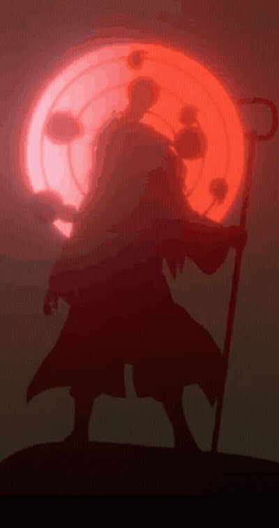 A Silhouette Of A Person With A Cane In Front Of A Red Moon GIF
